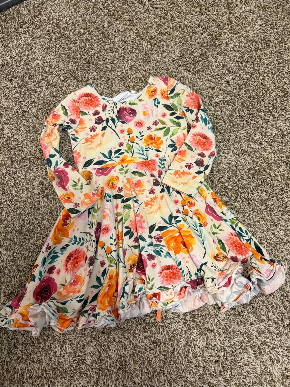 Little Magnolia Cream Floral Twirl Dress with Pink, Orange & Green Accents